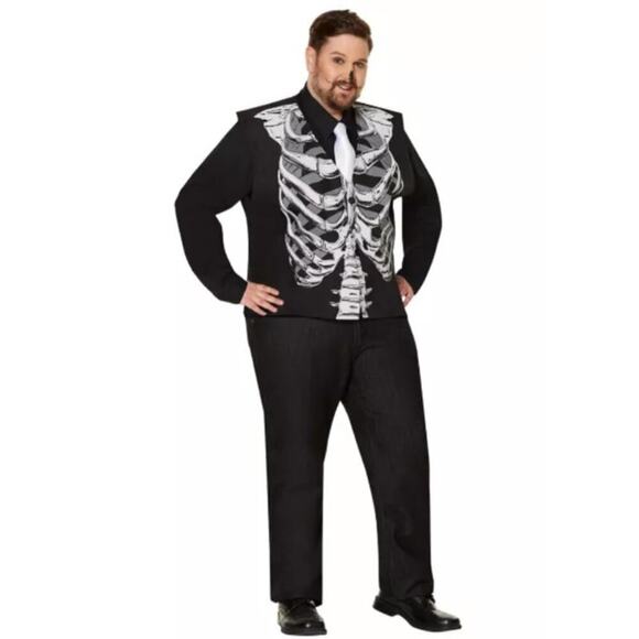 Ribcage Bones Vest Black White Button Adult Halloween Costume One Size XXL - Picture 2 of 7